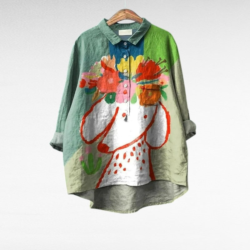 Chemise d'été élégante en lin Aurélie de Danoir Paris, multicolore, avec manches courtes et coupe fluide.