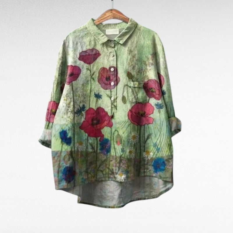 Blouse d'été élégante Juliette en lin de Danoir Paris, motif multicolore, tissu léger pour un style chic et confortable