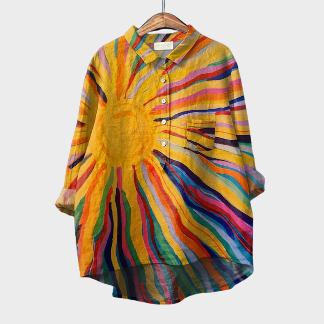 Blouse d'été chic multicolore Danoir Paris Solara, léger tissu, manches courtes, style élégant et fashionable.