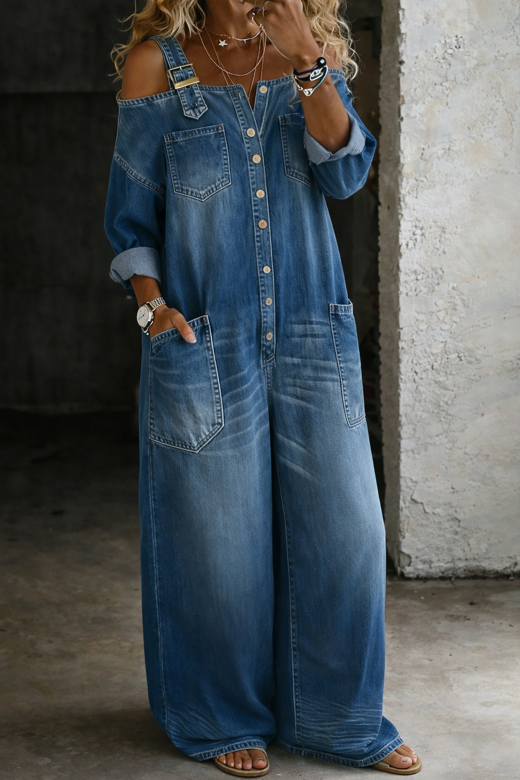 Combinaison en jean Sophia de Danoir Paris, à épaules dénudées, multicolore, style décontracté et tendance.