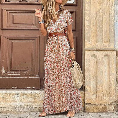 Robe longue bohème fluide Justine™ de Danoir Paris avec ceinture, motif multicolore, style élégant et décontracté.