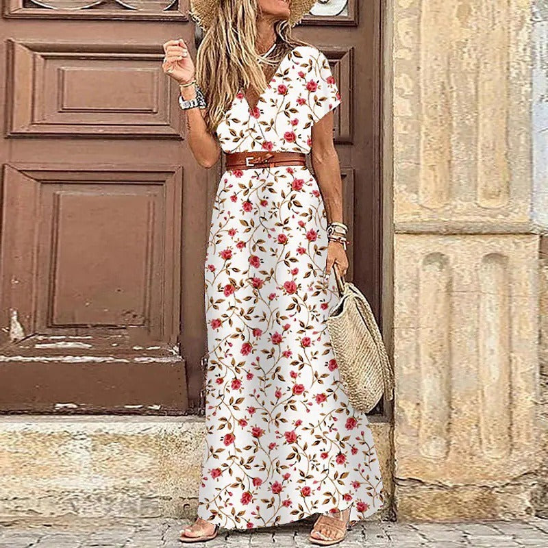Robe longue bohème fluide Justine™ de Danoir Paris avec ceinture, motif multicolore, vue de face.
