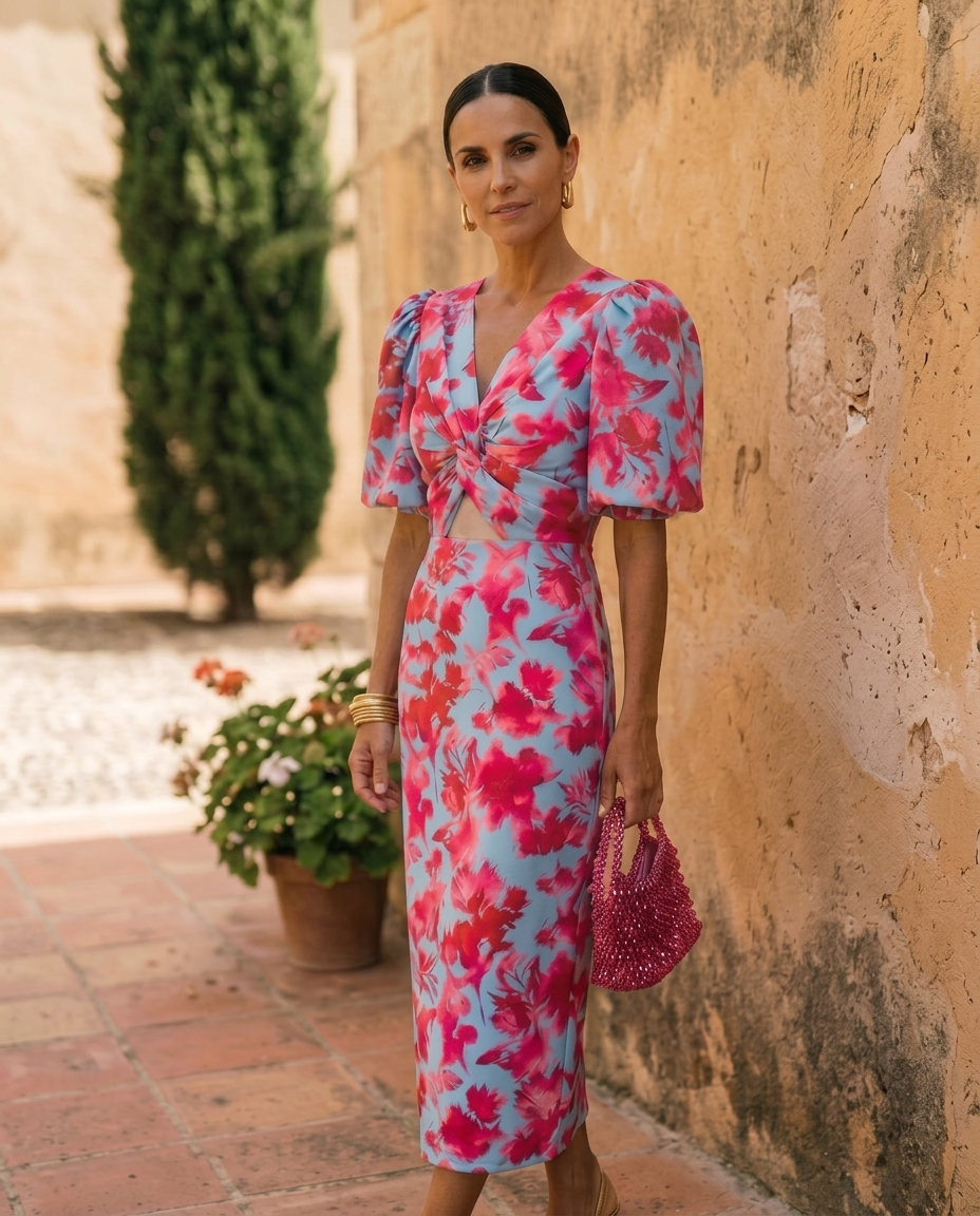 Robe midi orange Danoir Paris Carla, motif imprimé, manches bouffantes, style élégant et tendance.