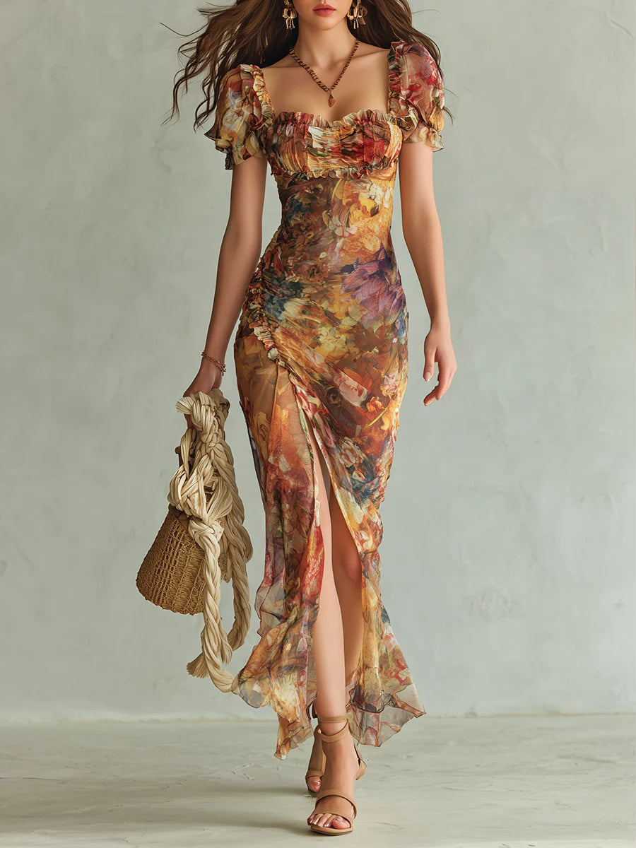 Robe longue Danoir Paris Viola avec motif peinture à l'huile, style bohème, couleur orange, tissu léger et fluide.