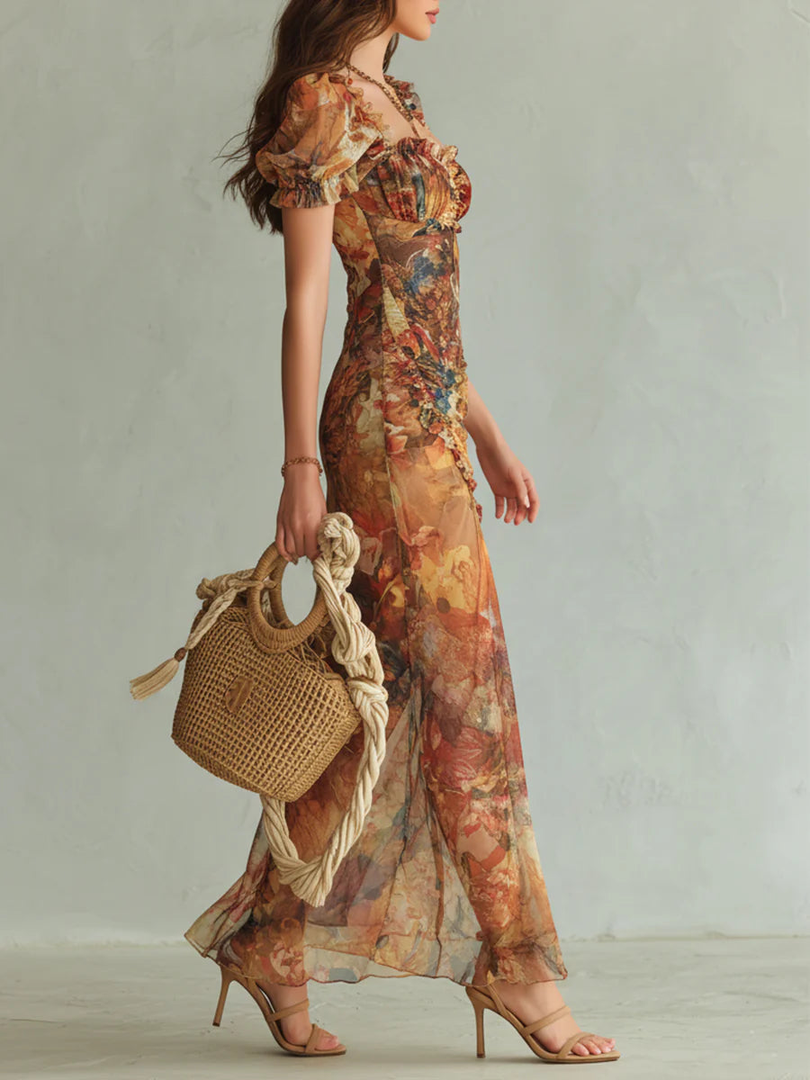 Robe longue Danoir Paris Viola avec imprimé peinture à l'huile de style bohème, couleur orange, taille XS.