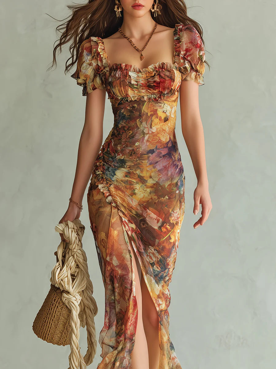 Robe longue violette Danoir Paris avec imprimé peinture à l'huile de style bohème, tissu fluide et détails élégants.