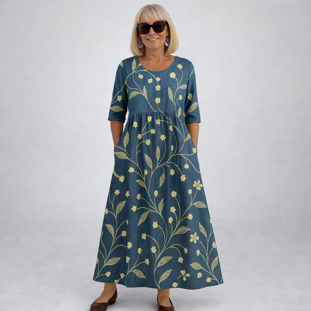 Robe midi fleurie Danoir Paris Brittany avec poches, tissu bleu marine, manches courtes, élégante et confortable pour l'été.