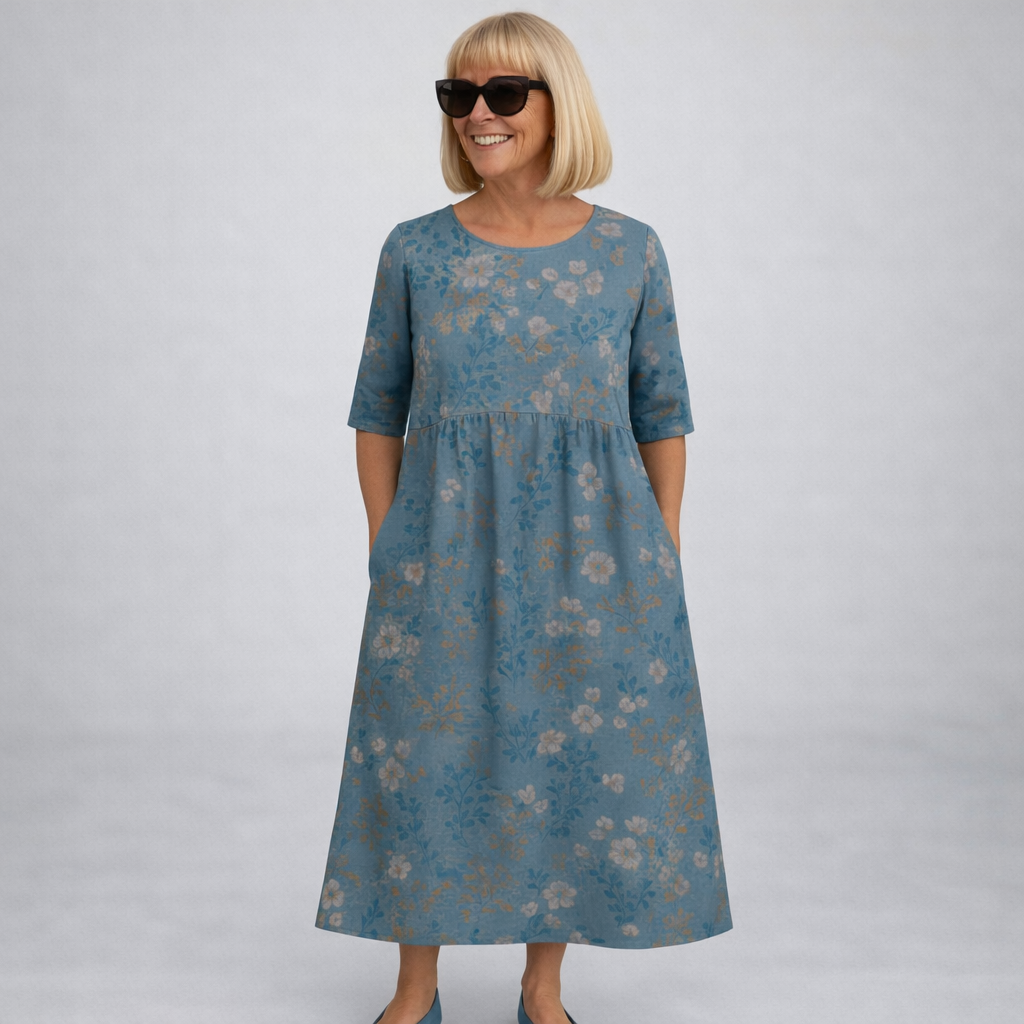 Robe midi florale Danoir Paris Brittany avec poches, couleur bleu marine, portée décontractée, tissu léger et élégant.