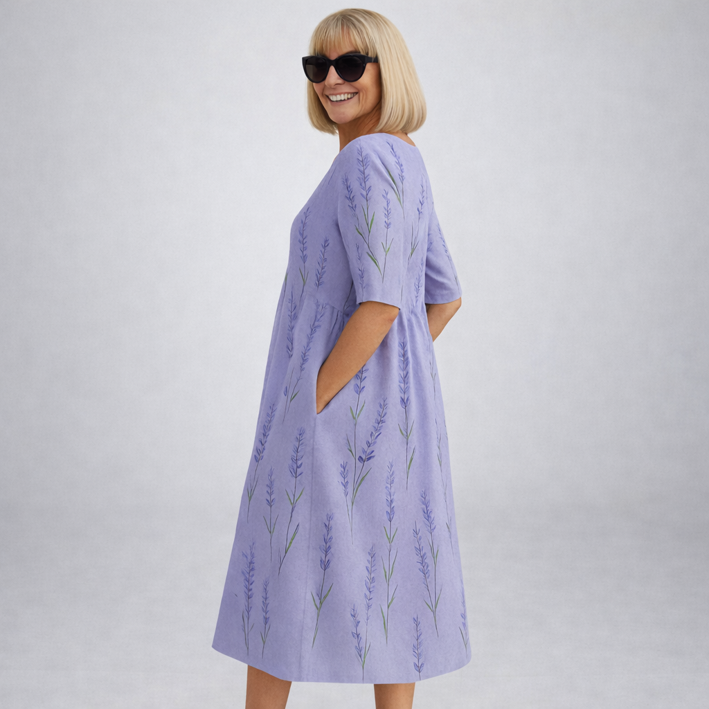 Robe midi florale Danoir Paris Brittany en bleu marine avec poches, style élégant et confortable pour femme.
