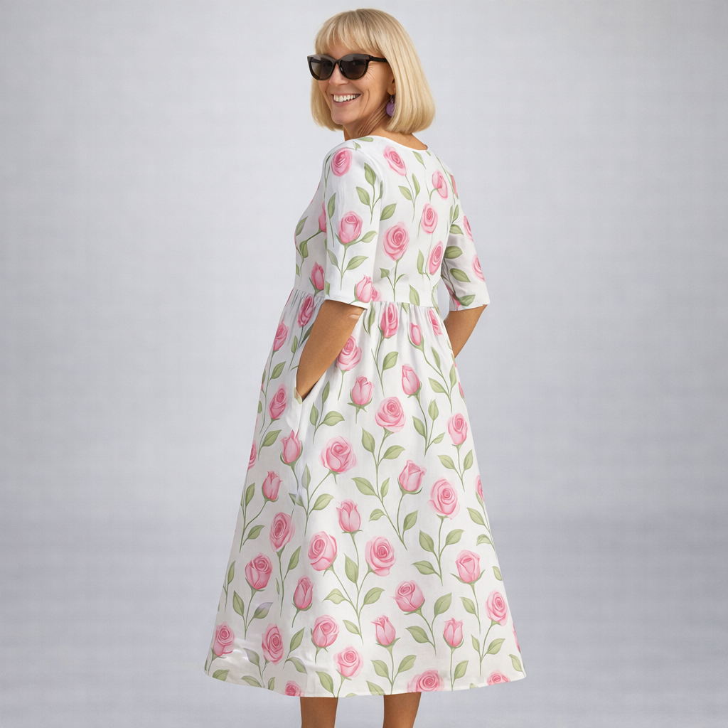 Robe midi fluide Danoir Paris Brittany à fleurs bleue marine avec poches, élégante et confortable pour femmes.