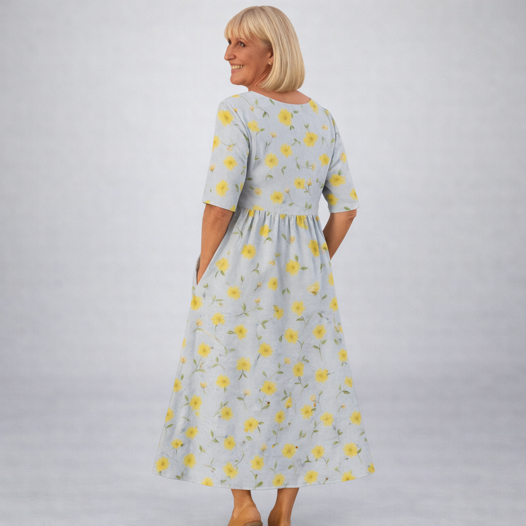 Robe midi florale Danoir Paris Brittany avec poches, bleu marine, manches courtes, style élégant et confortable.