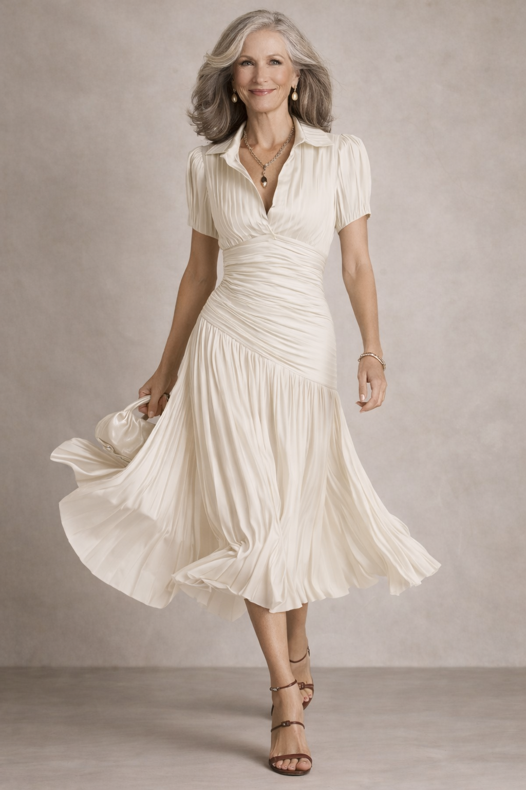 Robe midi Heidi Danoir Paris bleu marine en tissu fluide, avec décolleté en V et manches longues, portée élégamment.