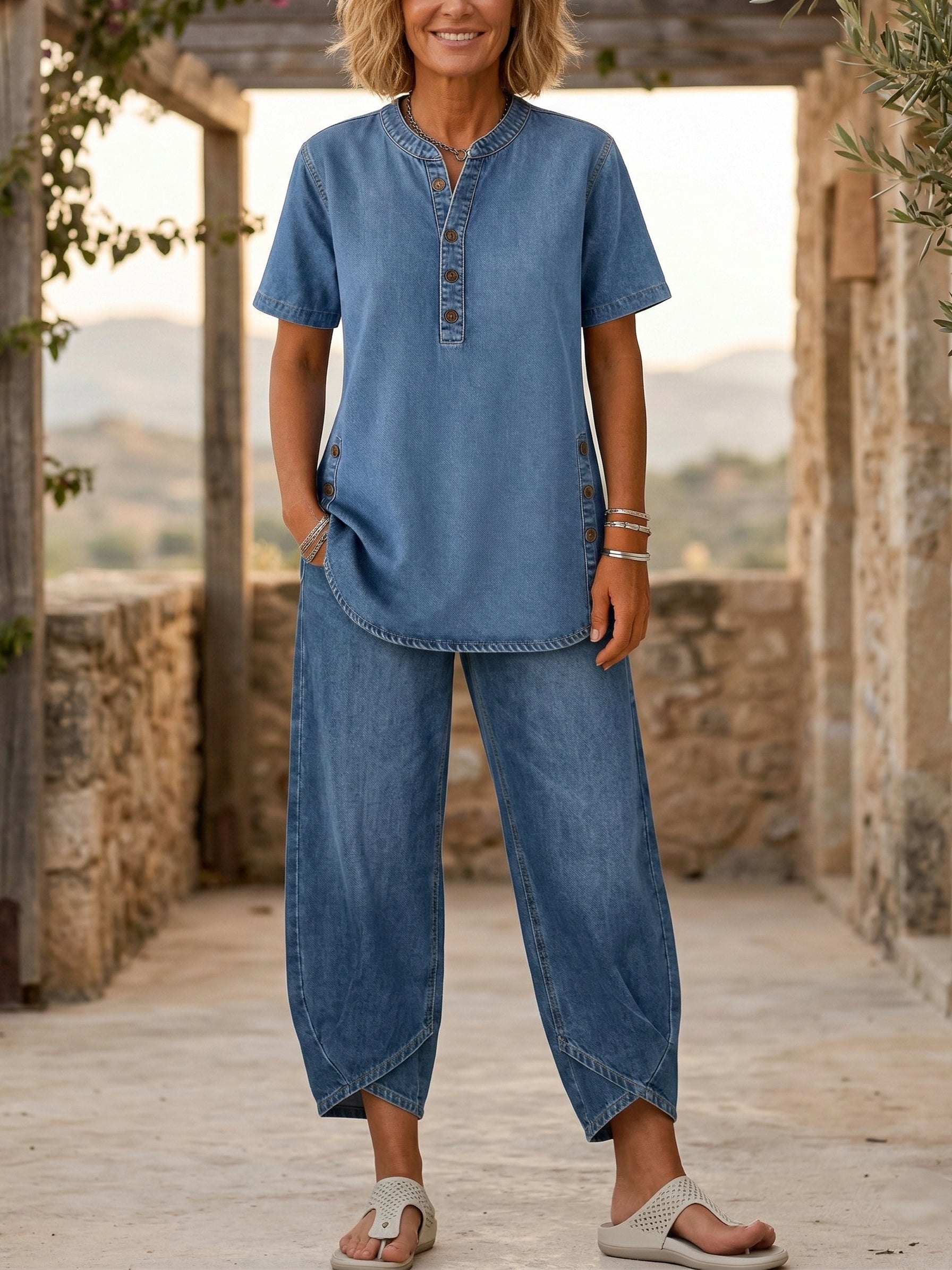 Ensemble deux pièces en jean pour femmes à manches courtes de la marque Danoir Paris, couleur navy, taille XS.