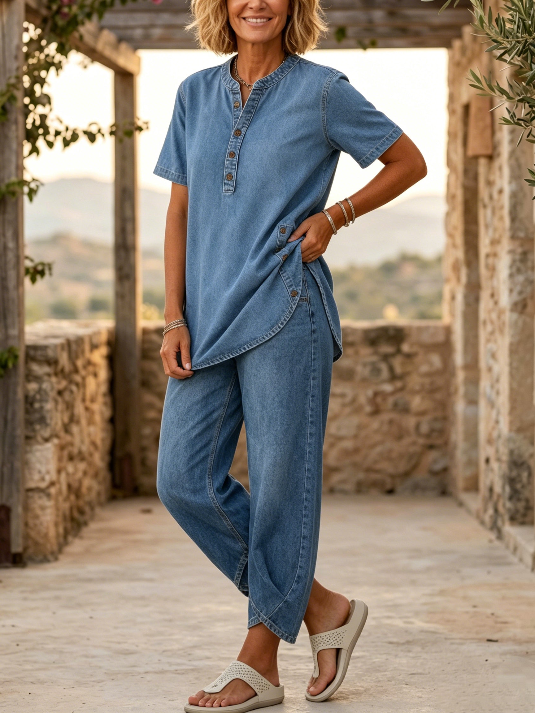 Ensemble deux pièces en denim pour femmes à manches courtes de Danoir Paris, haut et pantalon navy, style décontracté.