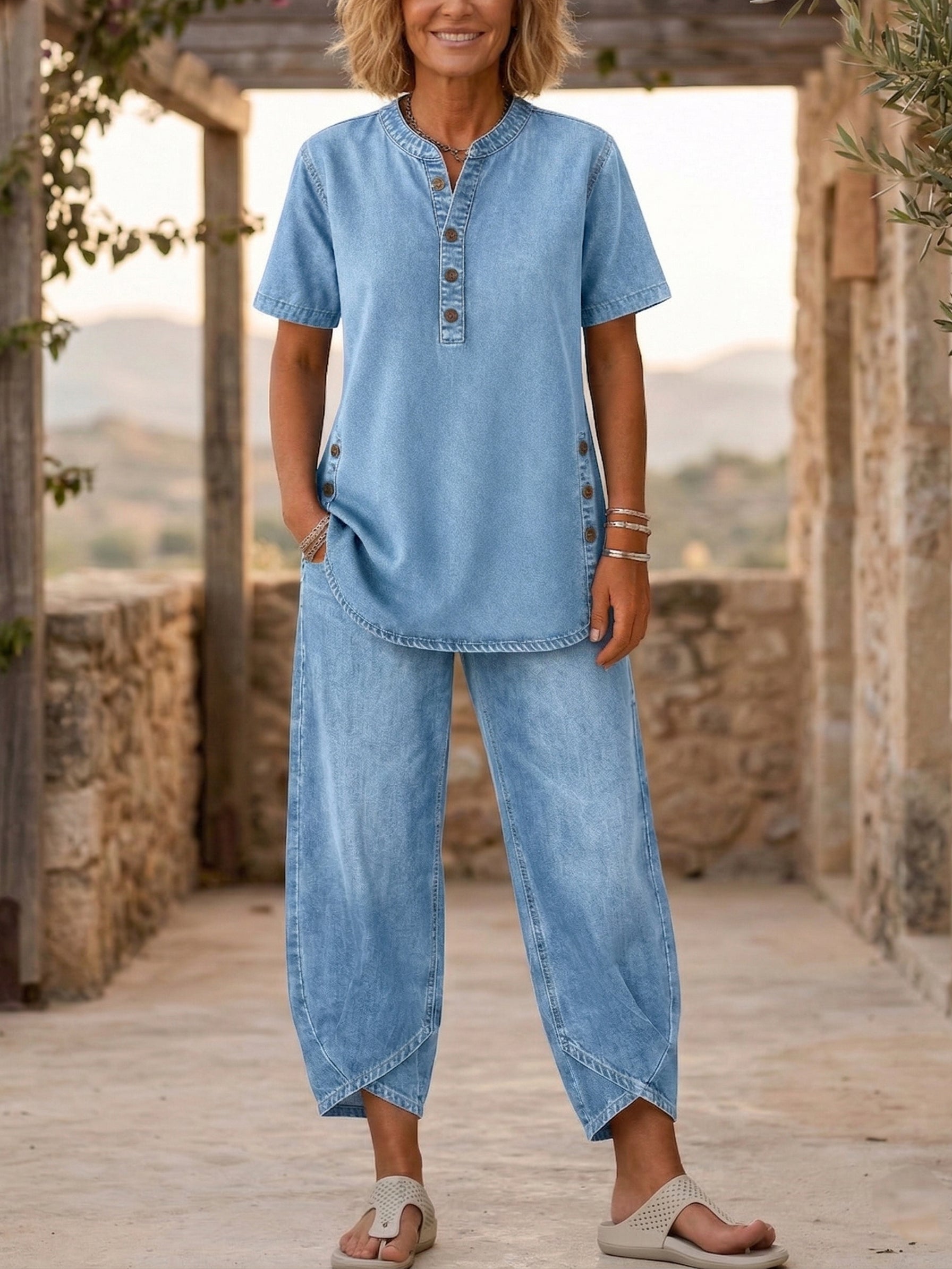 Ensemble deux pièces en denim pour femmes à manches courtes de Danoir Paris, couleur marine, taille XS