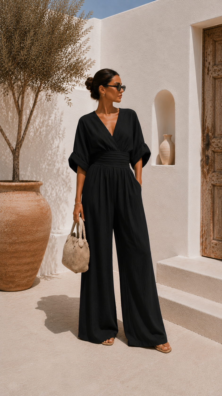 Robe Valeria en chiffon noir de Danoir Paris avec décolleté en V, élégante et fluide, portée sur un mannequin.