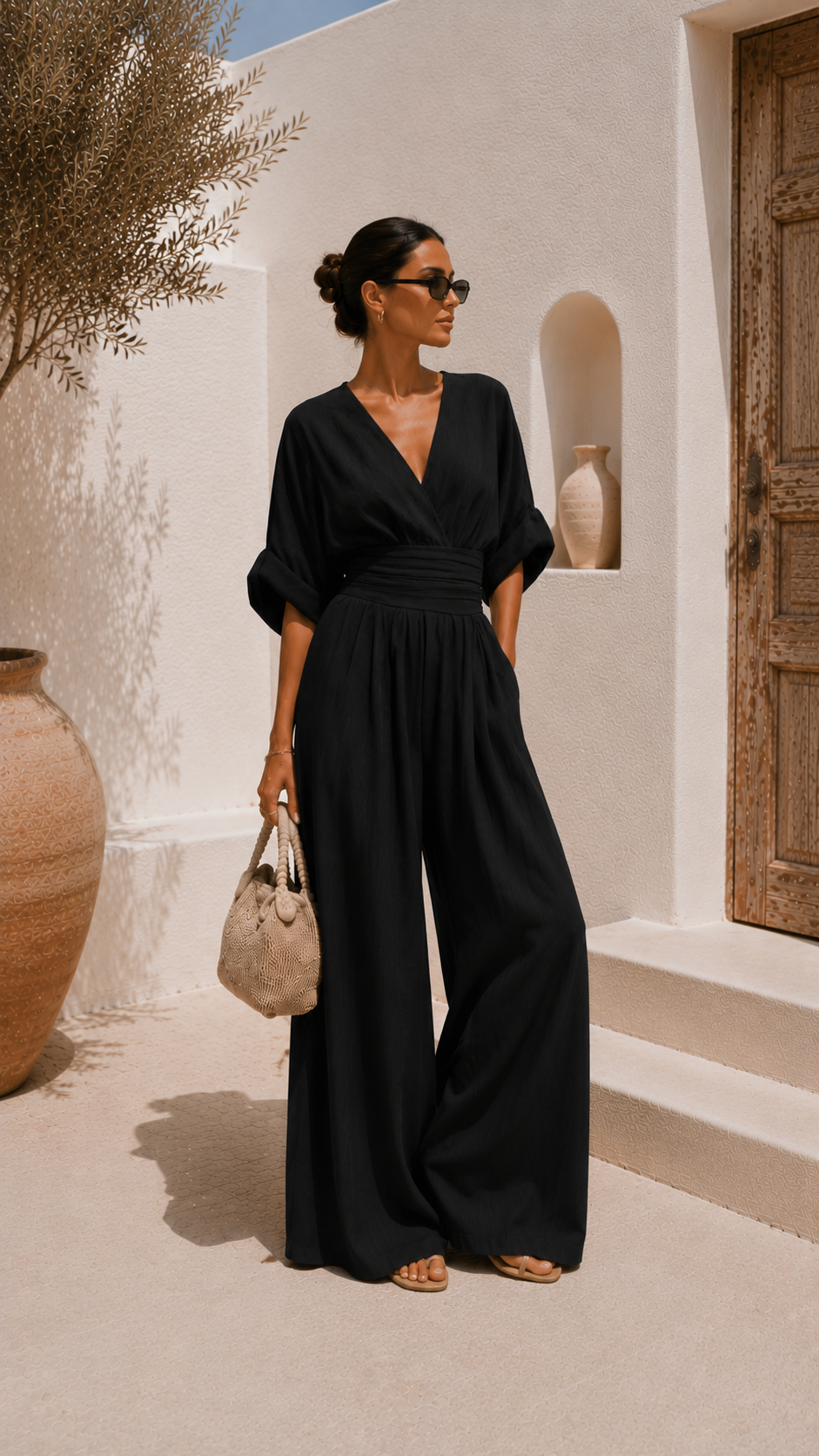 Robe noire Danoir Paris Valeria en chiffon avec décolleté en V, longueur midi, style élégant et fluide.