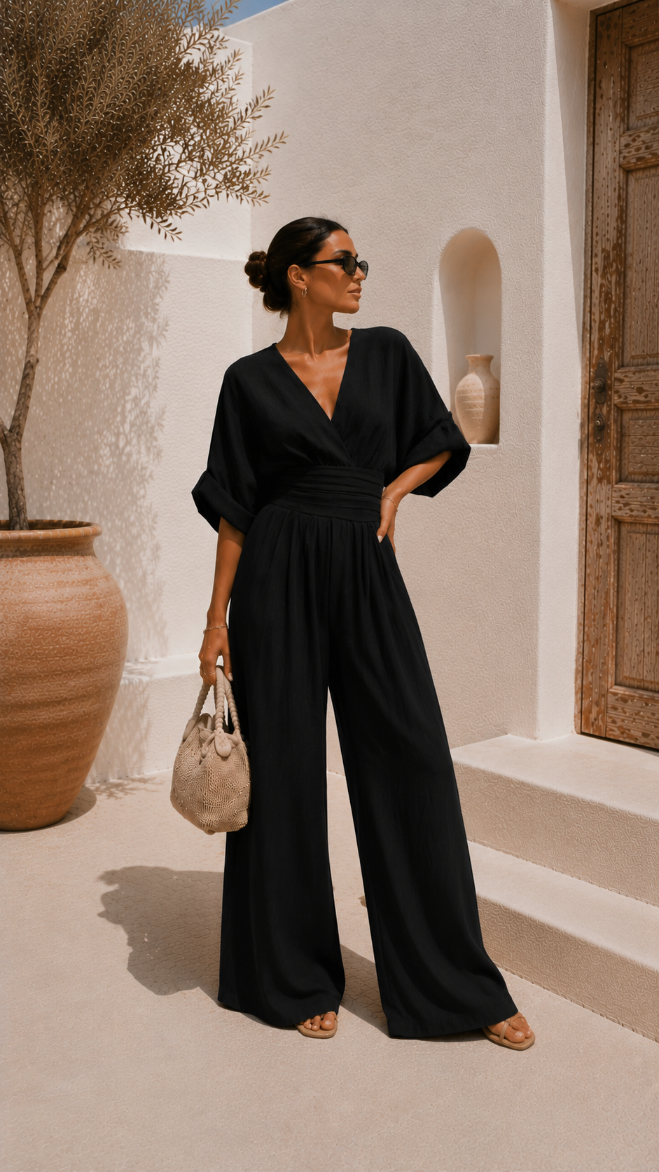Robe noire Danoir Paris Valeria en chiffon avec décolleté en V, élégante et fluide, portée sur un mannequin.