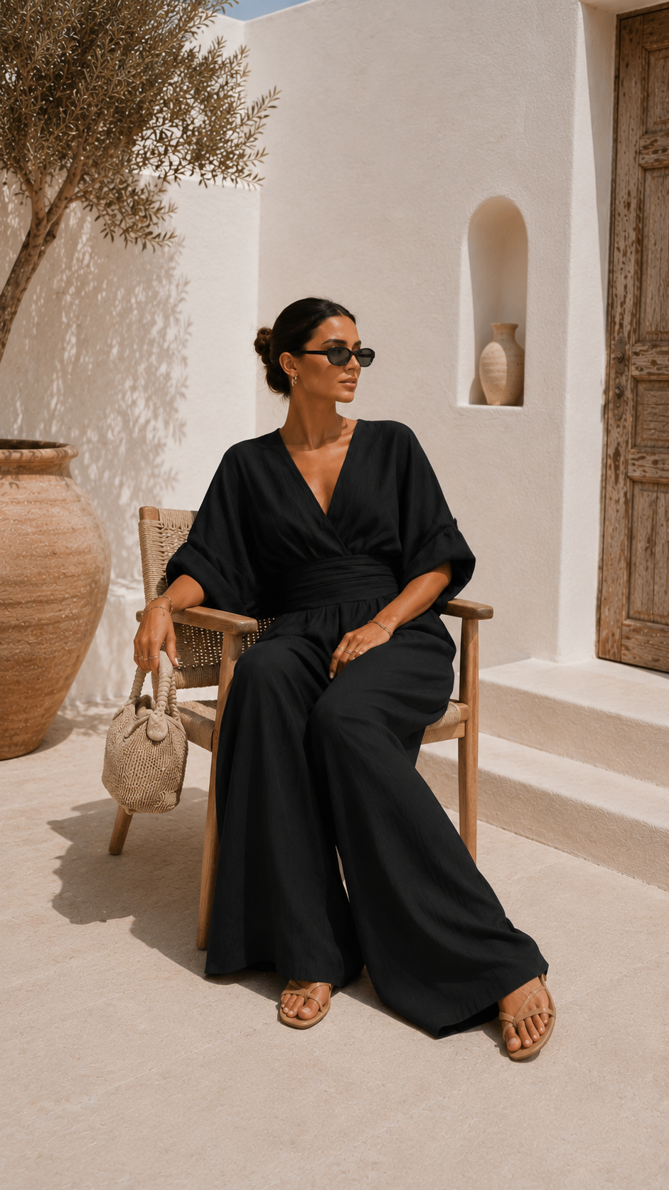 Robe noire Danoir Paris Valeria en chiffon avec décolleté en V, élégante et fluide, portée sur mannequin.