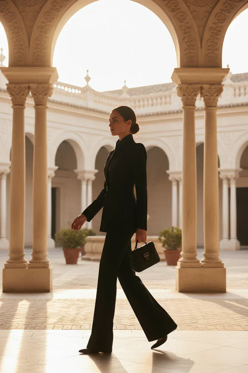 Ensemble blazer et pantalons palazzo noir Danoir Paris, look élégant et sophistiqué, vue de face sur l'ensemble complet.