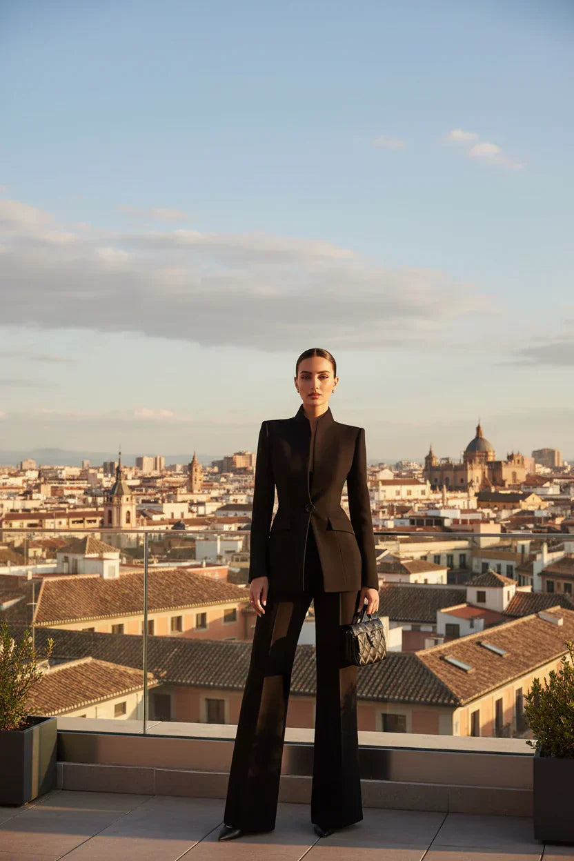 Veste blazer noire et pantalon palazzo Danoir Paris, style élégant et sophistiqué, en tissu fluide, porté sur un fond neutre.