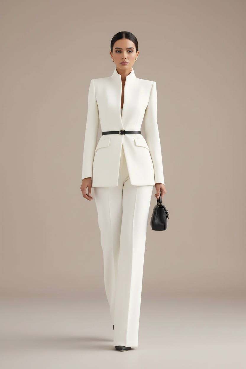 Veste blazer noire et pantalons palazzo Danoir Paris, look élégant et moderne, en tissu fluide et confortable.