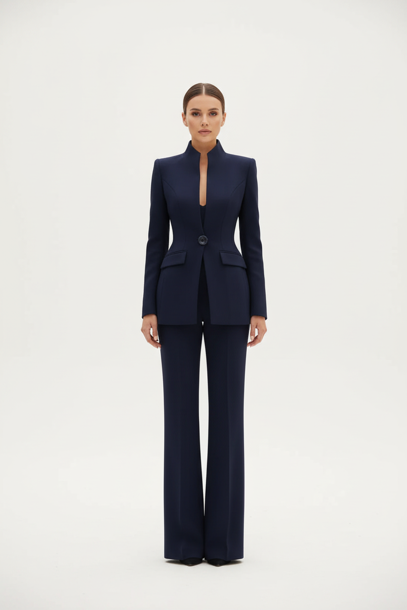 Veste blazer noire et pantalon palazzo Danoir Paris, ensemble complet élégant pour femme, en tissu fluide et sophistiqué.