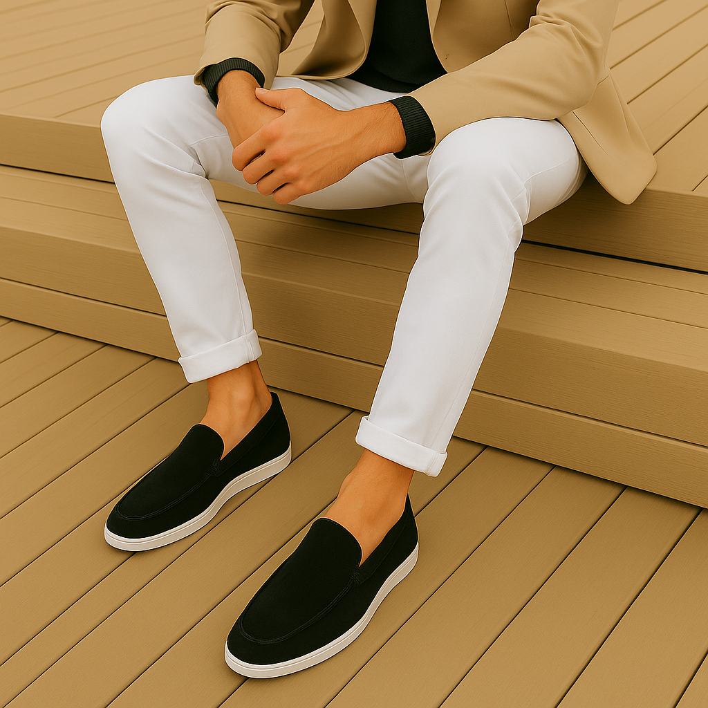 Mocassins élégantes Danoir Paris en daim noir pour femmes, style sophistiqué et finition premium, devant et talon visibles.