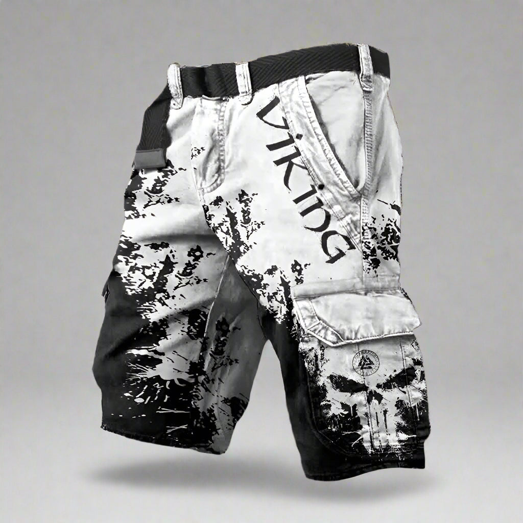Short cargo viking Danoir Paris en noir et blanc, confortable, avec poches cargo, porté de profil sur un mannequin.