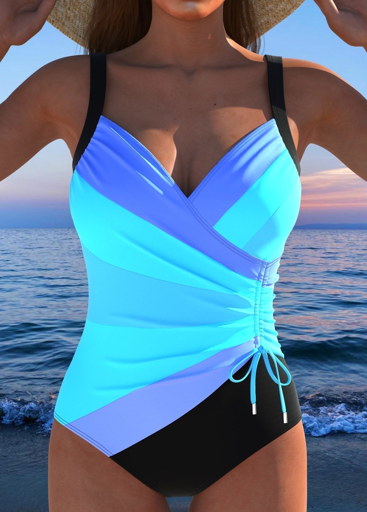 Maillot de bain Éloria Danoir Paris à imprimé coloré, style élégant, porté sur la mannequin, vue de face.