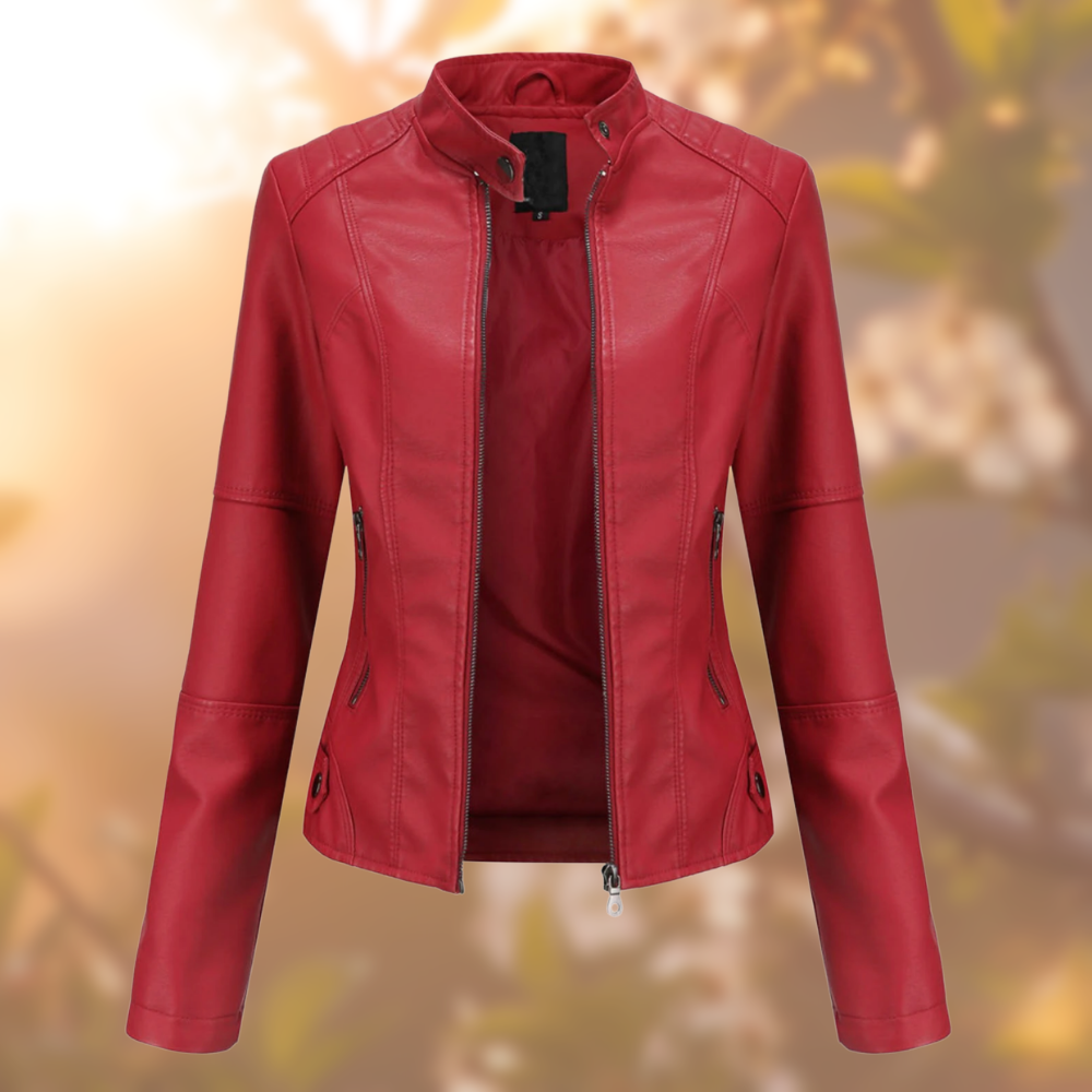 Veste en cuir noire Danoir Paris Amora, élégante, avec détails sophistiqués, portée sur un mannequin.