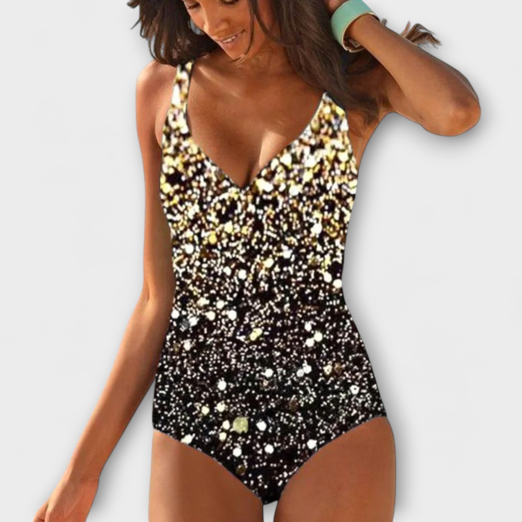 Bikini tricolore noir de Danoir Paris, haut et bas assortis, avec motifs modernes, parfait pour la plage et la baignade.