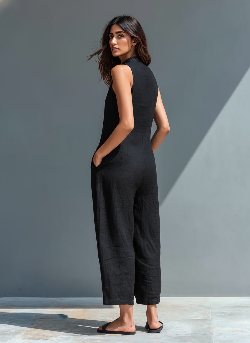 Combinaison sans manches Danoir Paris en lin claire, élégante, ajustée, avec décolleté en V et ceinture à la taille.