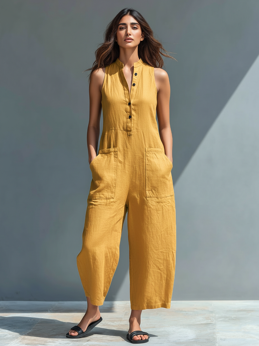 Combinaison claire élégante en lin sans manches de Danoir Paris, tissu léger et style sophistiqué, portée sur un mannequin blanc.