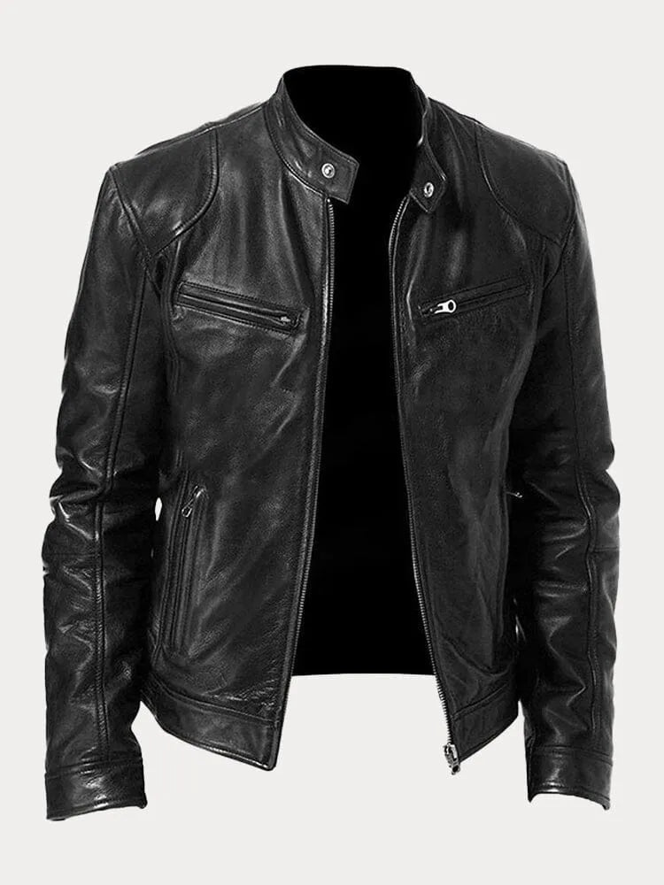 Veste en cuir noire Danoir Paris pour femme, style élégant avec fermeture éclair et col classique.
