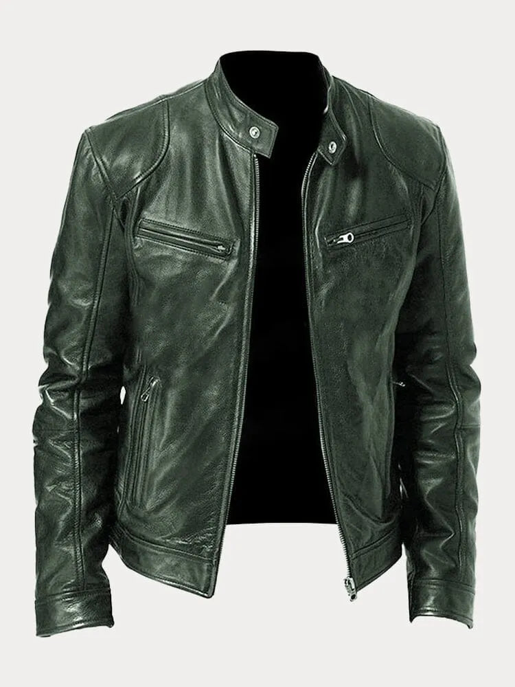 Veste en cuir noire Danoir Paris™, style élégant avec fermeture éclair et col montant, portée sur un mannequin.