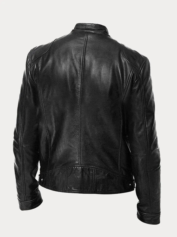 Veste en cuir noire Danoir Paris™ avec col montant et fermeture éclair, vue de face sur un mannequin.