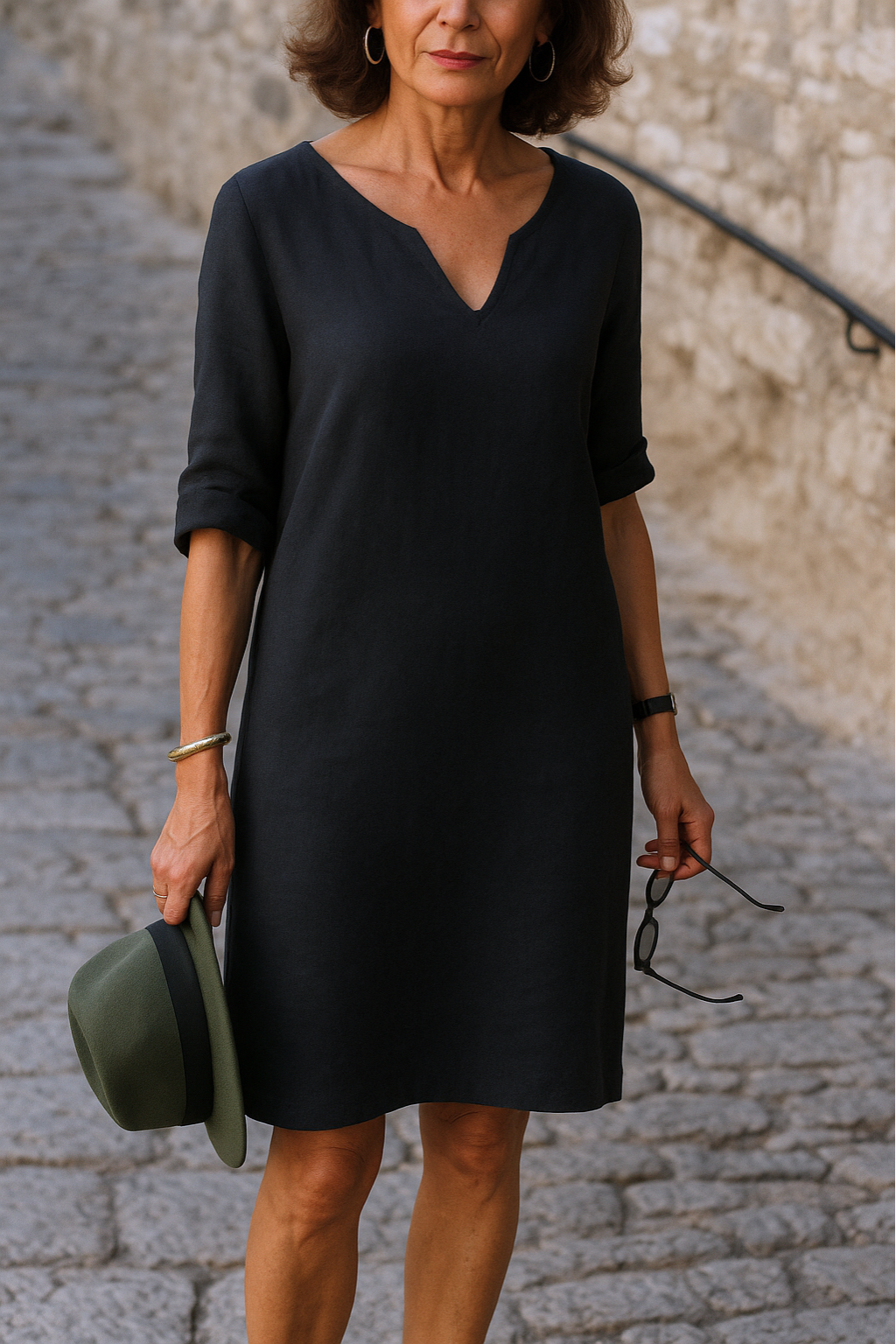 Robe élégante Lisette de Danoir Paris avec encolure en V, tissu noir sophistiqué, vue de détail sur le devant.