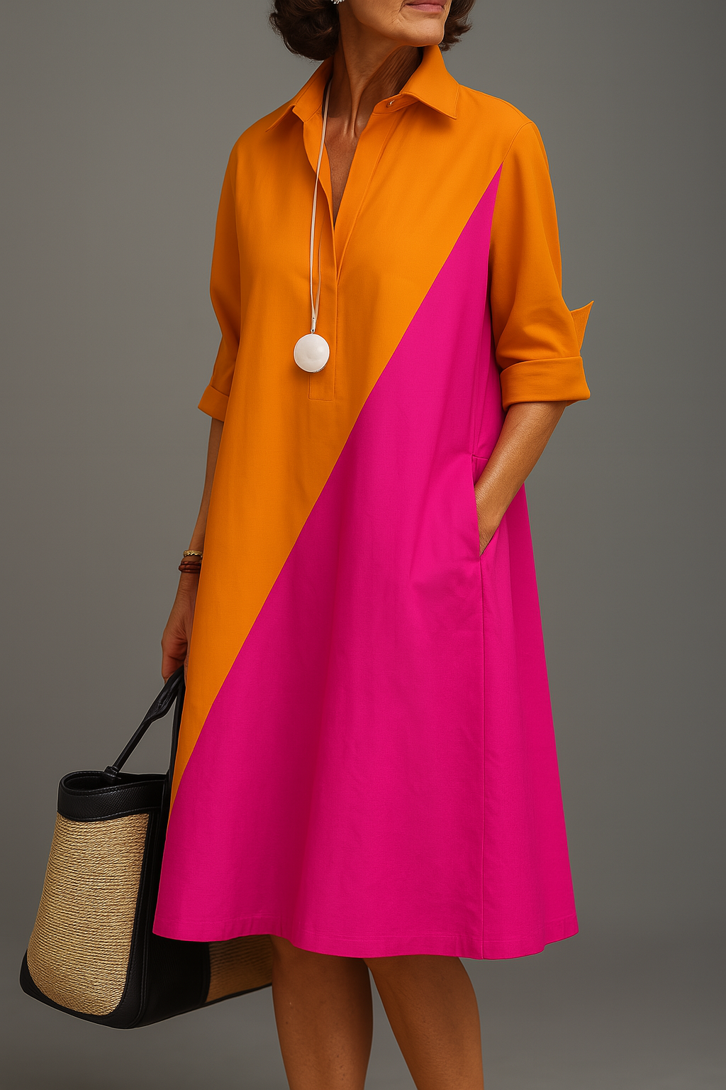 Robe midi confortable Kayla™ pour femmes de Danoir Paris, en tissu orange et rose avec coupe fluide et décontractée.
