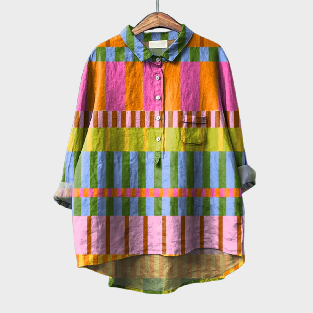 Chemisier Azélie de Danoir Paris, blouse graphique colorée en tissu léger orange et blanc, vue de face.