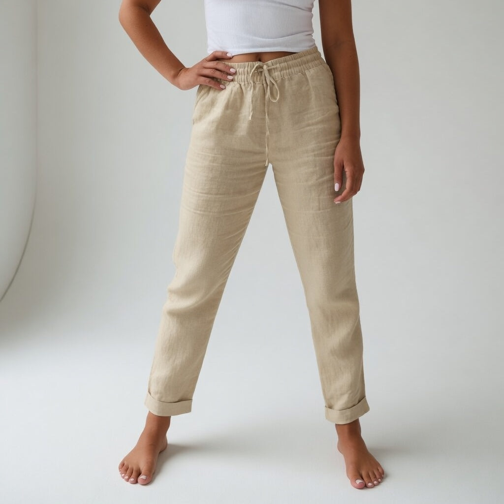 Pantalon pour femmes Albertine™ Danoir Paris, fluide, 100% coton, couleur bleue, style confortable et naturel.