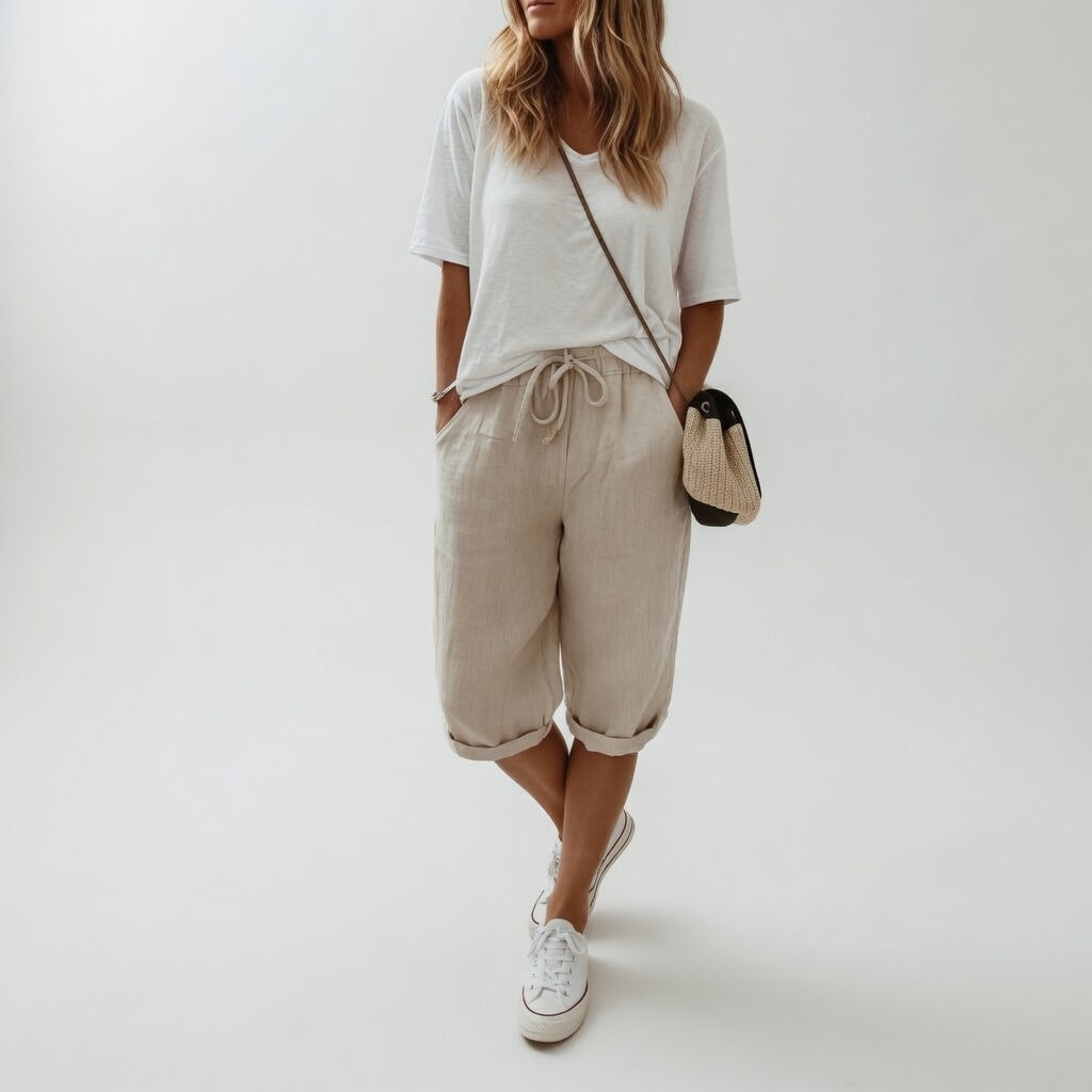 Pantalon bermuda Fernande™ Danoir Paris pour femmes en coton kaki, style décontracté et estival, taille 36-38.