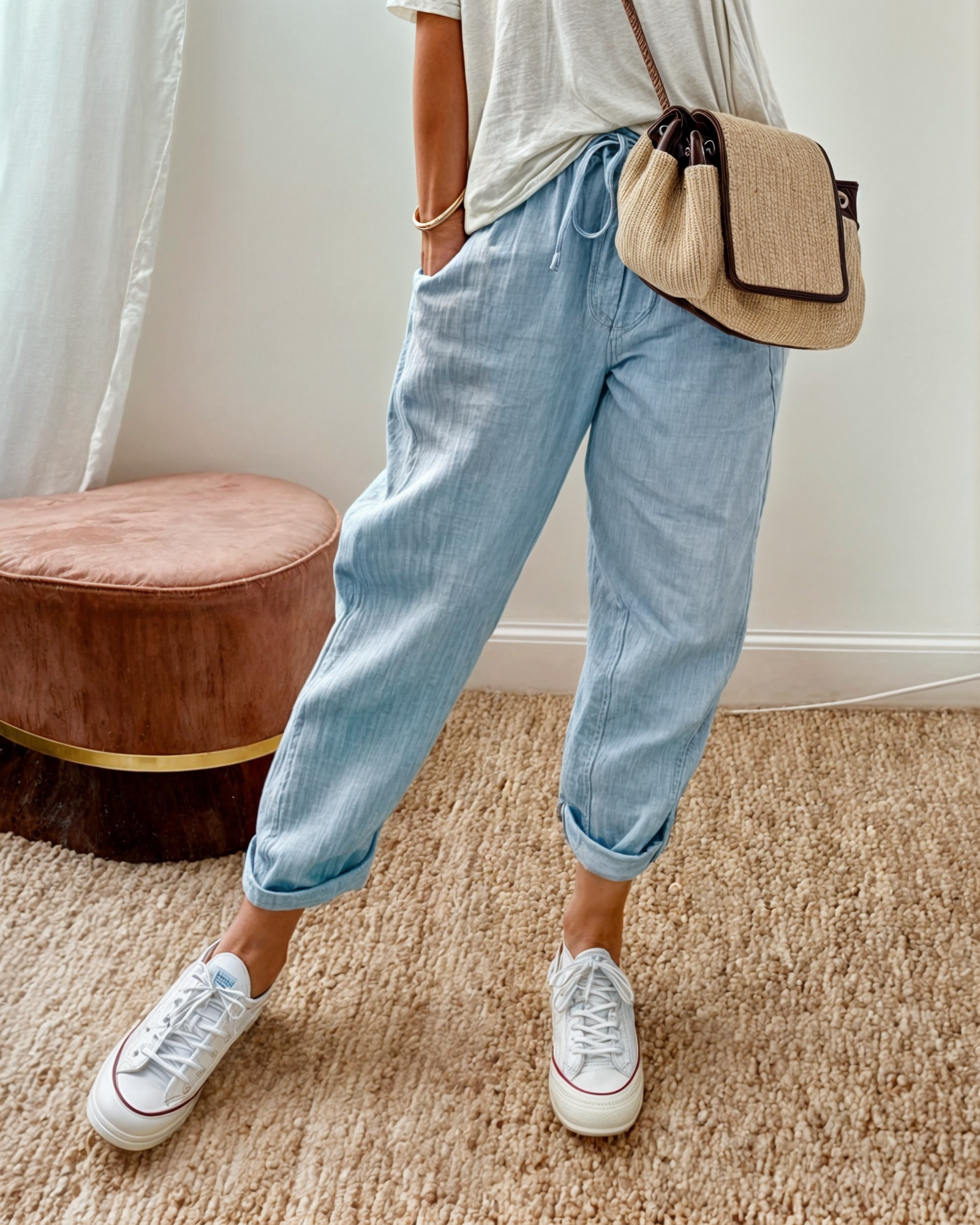 Pantalon beige chic et confortable de Danoir Paris pour femme, vue de face, tissu léger et coupe élégante.
