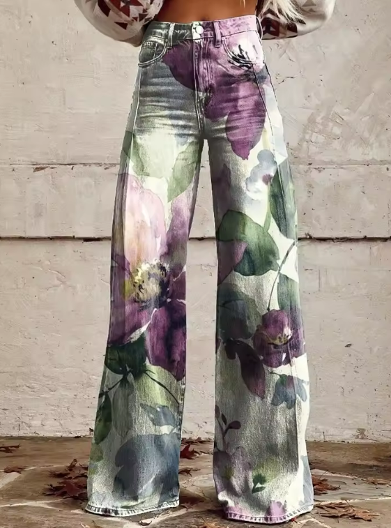 Pantalons Alessia de Danoir Paris, style boho rétro chic, en tissu léger et coupe décontractée, portée pour un look tendance.