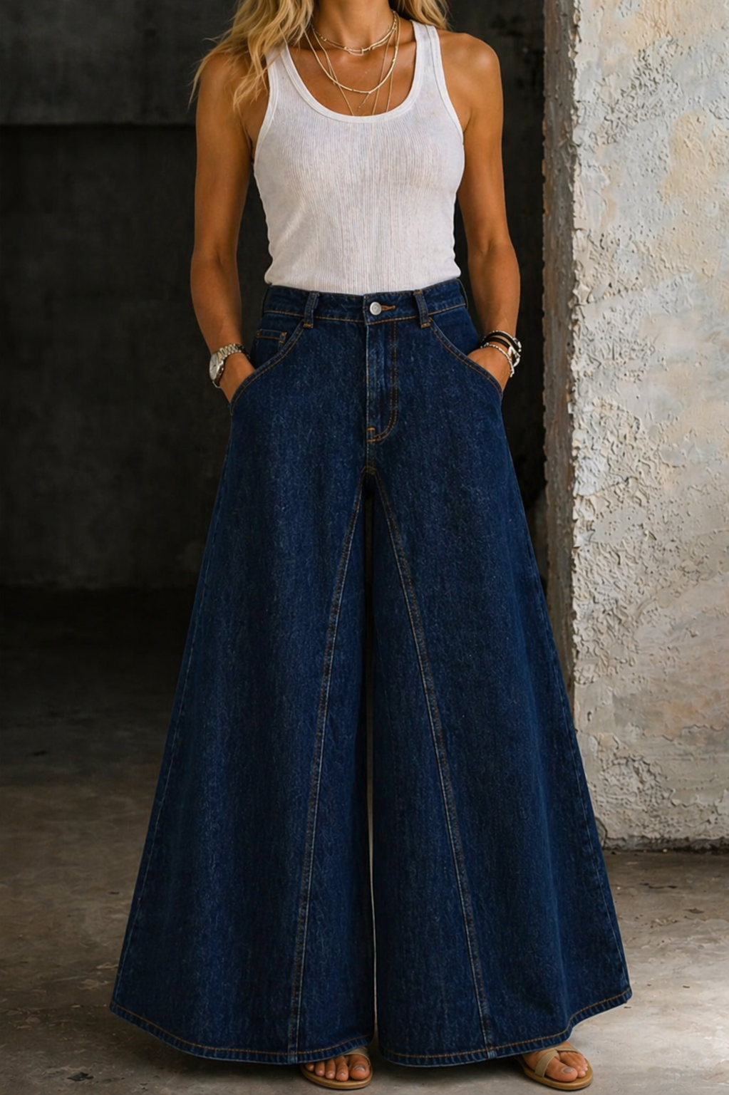 Pantalon en jeans taille haute Ivy de Danoir Paris, coupe ajustée, couleur bleu marine, porté sur mannequin.