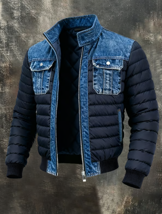 Veste matelassée hybride en denim bleu de Maison Clément Paris™, design moderne et élégance décontractée.