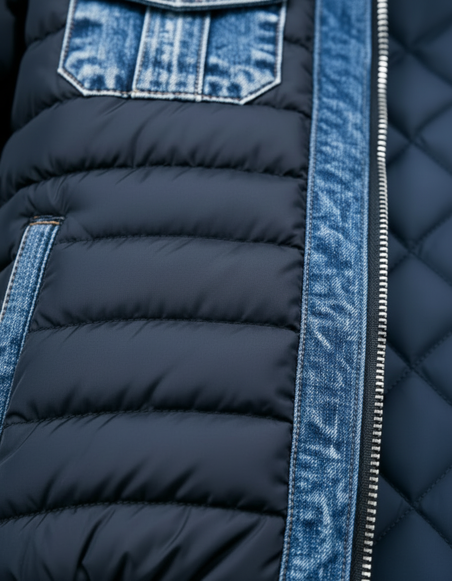 Veste matelassée hybride en denim Danoir Paris pour homme, couleur bleu, style décontracté.