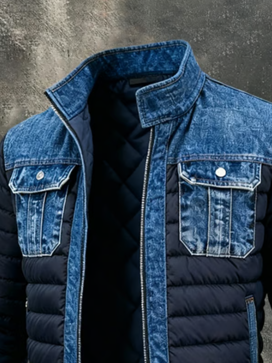 Veste matelassée hybride en denim bleu de Danoir Paris pour homme, style élégant et confortable.