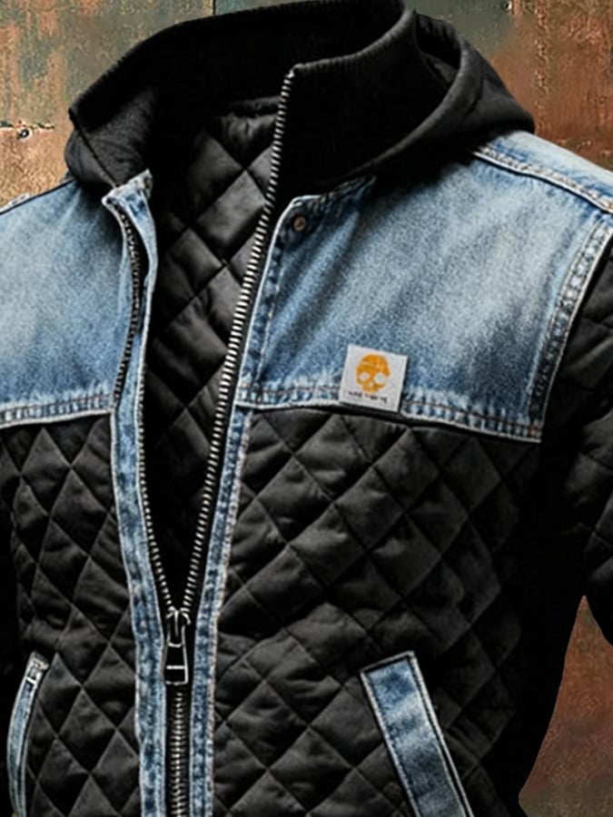 Veste matelassée noire Danoir Paris avec détails en jean, style élégant et tendance, vue de face sur fond neutre.