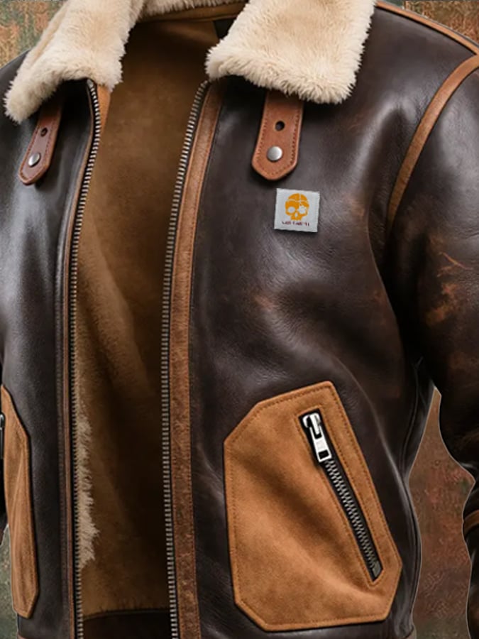 Veste chaude en cuir brun Danoir Paris avec col sherpa, style élégant et confort pour l'hiver, vue en gros plan.